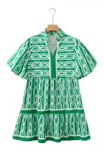 Bright Green Abstract Print Puff Sleeve Pop of Color Neckline Dress - Image 17