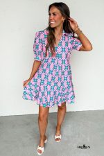 Pink Geometric Print V-Neck Ricrac Trim Mini Dress - Image 5