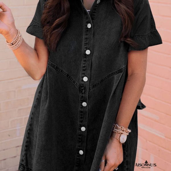 Black Short Sleeve Button Up Loose Denim Shirt Dress