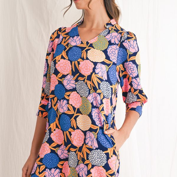 Navy Blue Hydrangea Floral V Neck Puff Sleeve Dress
