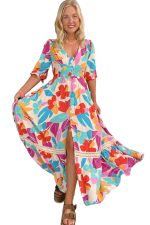 Rose Red Floral Knot Puff Sleeve V Neck Buttoned Front Split Lace Maxi Dress - Image 18