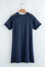 Navy Blue Contrast Lace Raglan Sleeve Pleated Mini Dress - Image 5