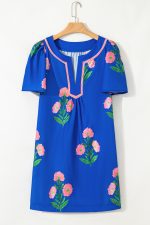 Blue Striped Trim Short Sleeve Split Neck Floral Mini Dress - Image 3