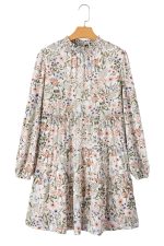 Green Floral Print Tiered Frilled Shirred Mock Neck Mini Dress - Image 23