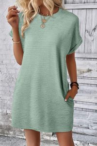 Grass Green Solid Color Textured Crinkle Mini T Shirt Dress