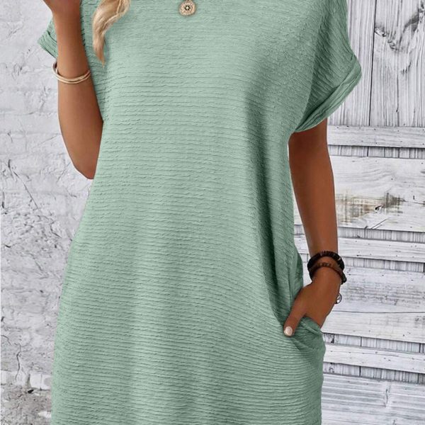 Grass Green Solid Color Textured Crinkle Mini T Shirt Dress