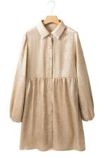 Apricot Metallic Sheen Puff Sleeve Button Up Mini Shirt Dress - Image 14