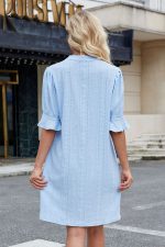 Beau Blue Split V-Neck Jacquard Eyelet Mini Dress - Image 2
