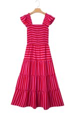 Rose Stripe Ruffle Strap Shirred Bodice Tiered Maxi Dress - Image 13