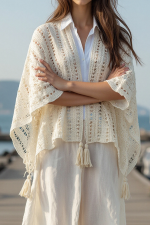 Beige Solid Color Tassel Open Front Knit Cover Up - Image 5