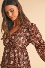 Brown Boho Floral Ruffle Puff Sleeve V Neck Mini Dress - Image 4