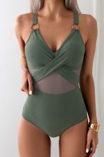 Green Bay Criss Cross V Neck Mesh One Piece swimsuit - Image 4