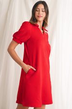 Fiery Red V Neck Puff Sleeve Textured Mini Dress - Image 7