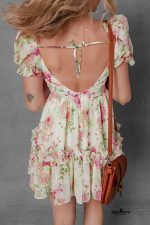 White Floral Print Sweetheart Neck Bubble Sleeve Ruffle Mini Dress - Image 2