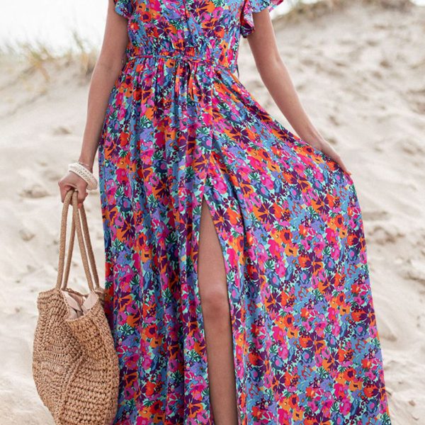 Blue Boho Floral Print V Neck Wrap Split Maxi Dress