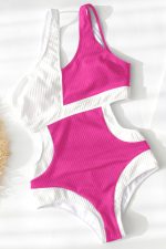 Bright Pink Color Block Cut Out One Shoulder One Piece Swimsuit - Image 3