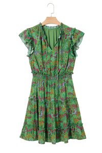 Green Floral Tie Neck Ruffle Sleeve Tiered Mini Dress - Image 11