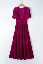 Red Dahlia Velvet Short Sleeve Shirred Waist Tiered Maxi Dress - Image 10