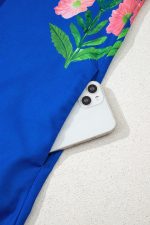 Blue Striped Trim Short Sleeve Split Neck Floral Mini Dress - Image 7