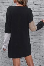 Black Ribbed Color Block Drop Shoulder Long Sleeve Mini Dress - Image 2