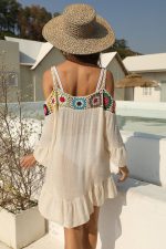 Apricot Crochet Flower Strap Off Shoulder Ruffle Beach Dress - Image 2