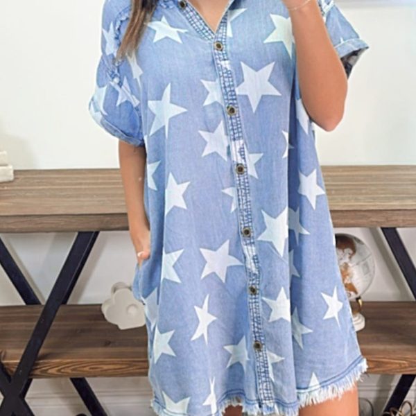 Sky Blue Star Print Frayed Hem Buttoned Denim Mini Dress