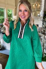 Sea Green Jacquard Textured Quarter Zipper Pop of Color Neckline Dress - Image 7