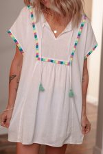 White Colorful Fringed Detail Tassel Tie Neck Short Sleeve Cover Up - Image 4