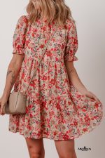 Multicolour Floral Print Frilled Neck Puff Sleeve High Waist Dress - Image 4