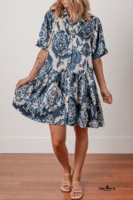 Blue Boho Floral Print Buttoned Collared Loose Fit Mini Dress - Image 5