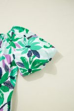 Green Floral Print Shirred Square Neck Loose Fit Mini Dress - Image 10