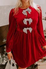 Fiery Red Bowknot Decor High Waist Velvet Mini Dress