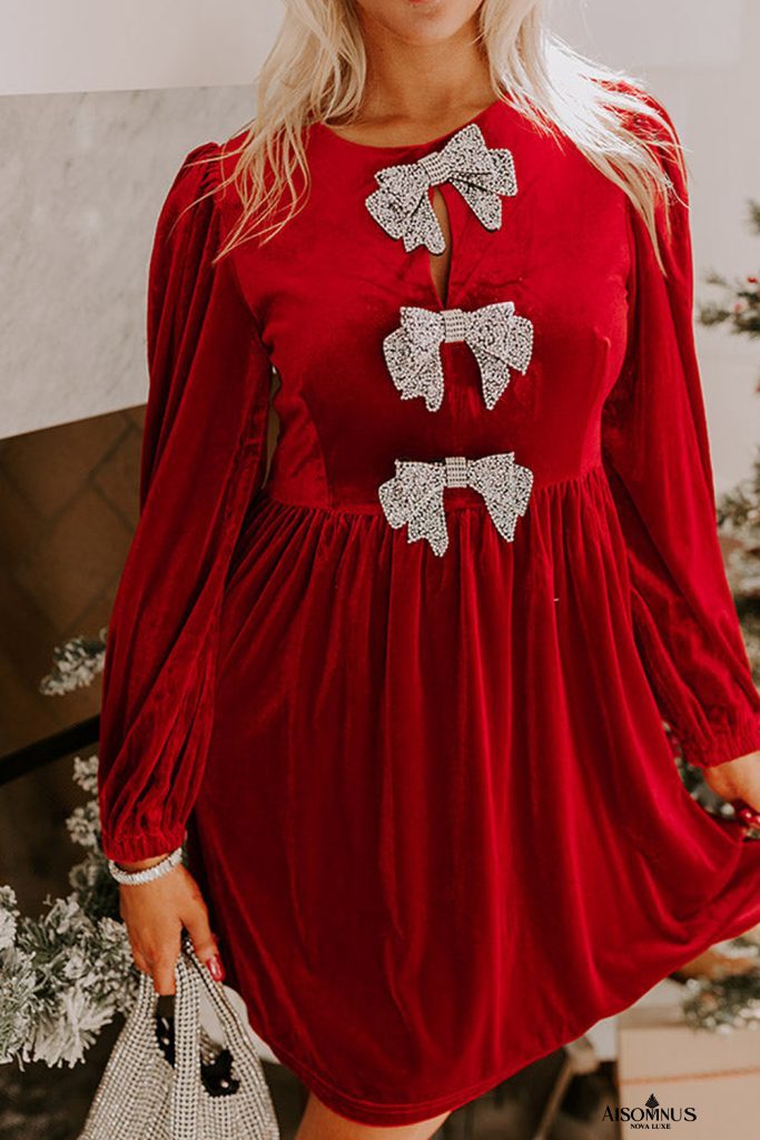 Fiery Red Bowknot Decor High Waist Velvet Mini Dress
