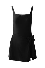 Black Side Tied Waist Square Neck Adjustable Straps A Line One Piece Swim Dress - Image 3