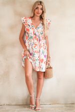 Pink Floral Ruffle Sleeve V Neck High Waist Mini Dress - Image 6