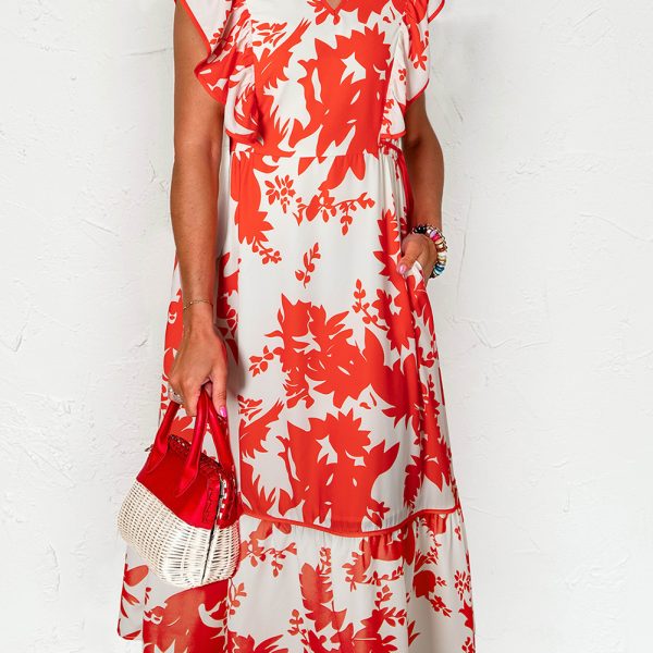 Red Floral Print Trimmed V Neck Ruffle Sleeve Maxi Dress