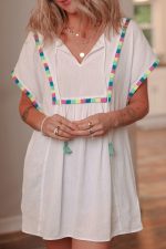 White Colorful Fringed Detail Tassel Tie Neck Short Sleeve Cover Up - Image 5