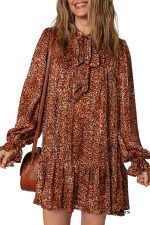 Brown Leopard Print Tie Neck Loose Fit Mini Dress - Image 8