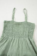Smoke Green Solid Color Shirred Spaghetti Strap Textured Dress - Image 8