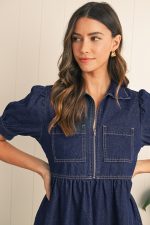 Dirty Blue Puff Sleeve Half Zipper Denim Flowy Dress - Image 8