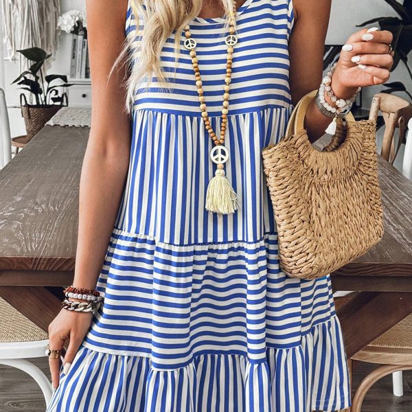 Sky Blue Striped U Neck Sleeveless Loose Fit Mini Dress