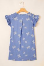 Sky Blue Bow Print Ruffle Sleeve Mini Dress - Image 7