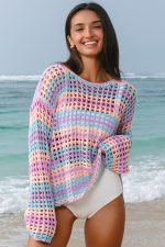 Purple Striped Hollow Knit Summer Beach Cover Up - Image 6