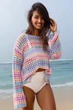 Purple Striped Hollow Knit Summer Beach Cover Up - Image 7