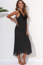 Black Crochet Patchwork V Neck Cut out Back Sleeveless Beach Dress - Image 2