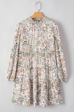 Green Floral Print Tiered Frilled Shirred Mock Neck Mini Dress - Image 14
