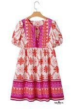 Rose Boho Floral Short Sleeve Tie V Neck Mini Dress - Image 20