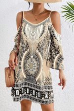 Apricot Boho Cold Shoulder Long Sleeve Mini Dress - Image 3