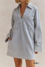 Beau Blue V Neck Collar Pocket Denim Mini Dress