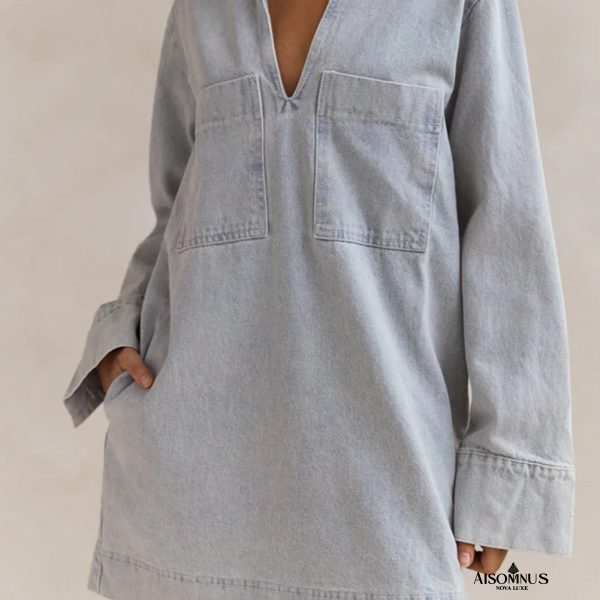 Beau Blue V Neck Collar Pocket Denim Mini Dress